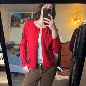 Stylish Red Floral Women's Cardigan
